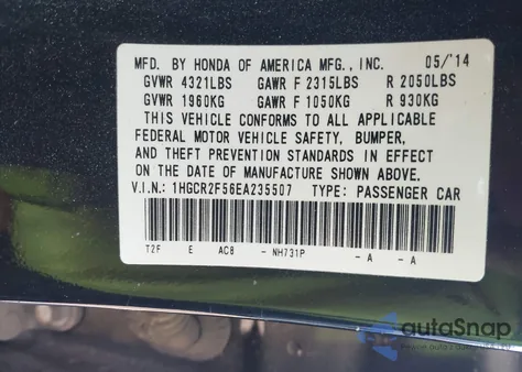 2014 Honda Accord Sport из США, поврежденный, VIN 1HGCR2F56EA235507